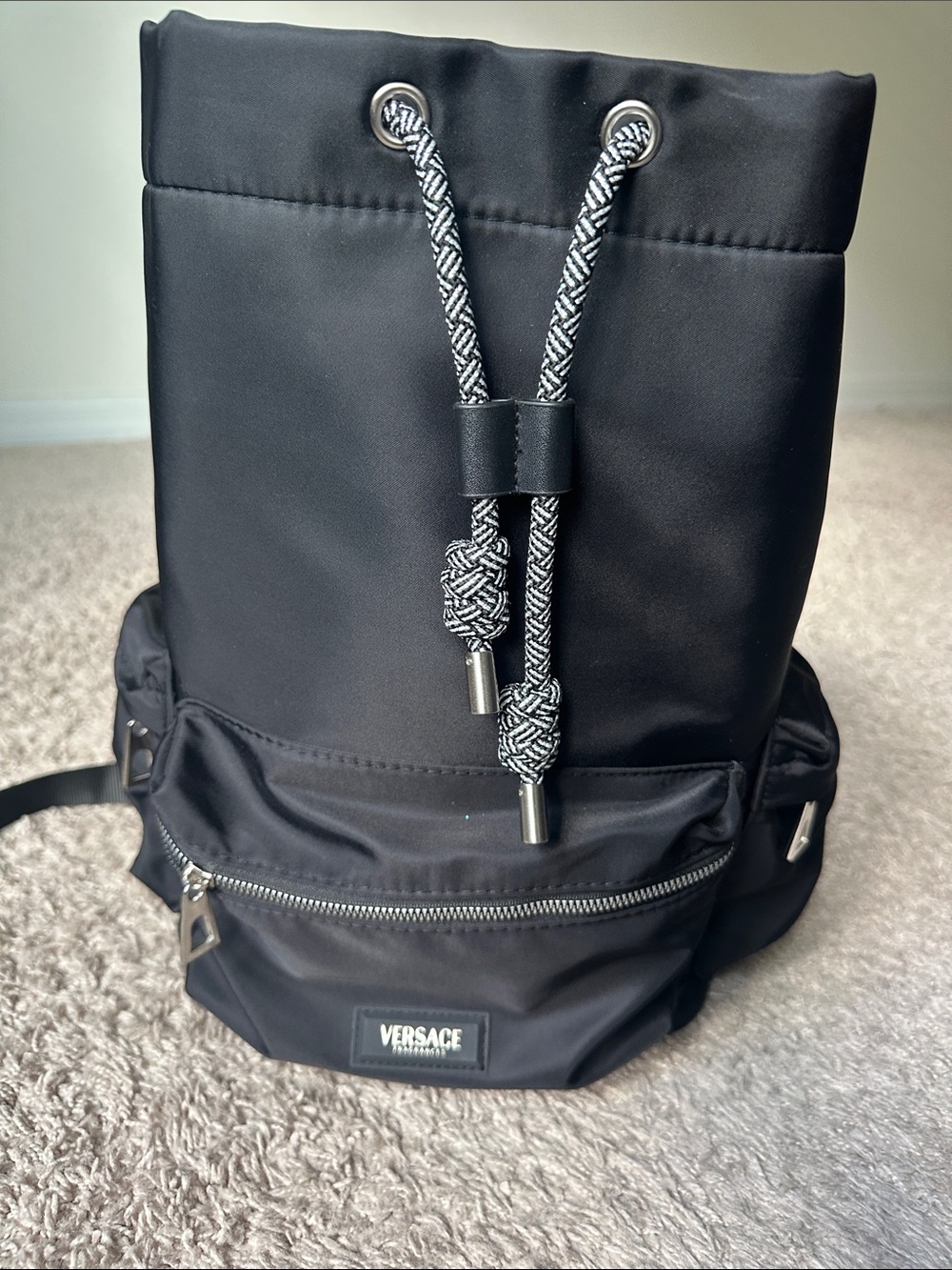 Versace Black Backpack with Patterned Drawcords